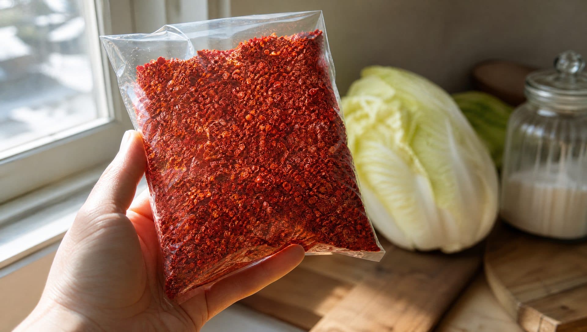 A hand holding a plain clear bag of coarse Korean red chilli flakes up to a window so the size and bright red colour of the flakes show through the plastic
