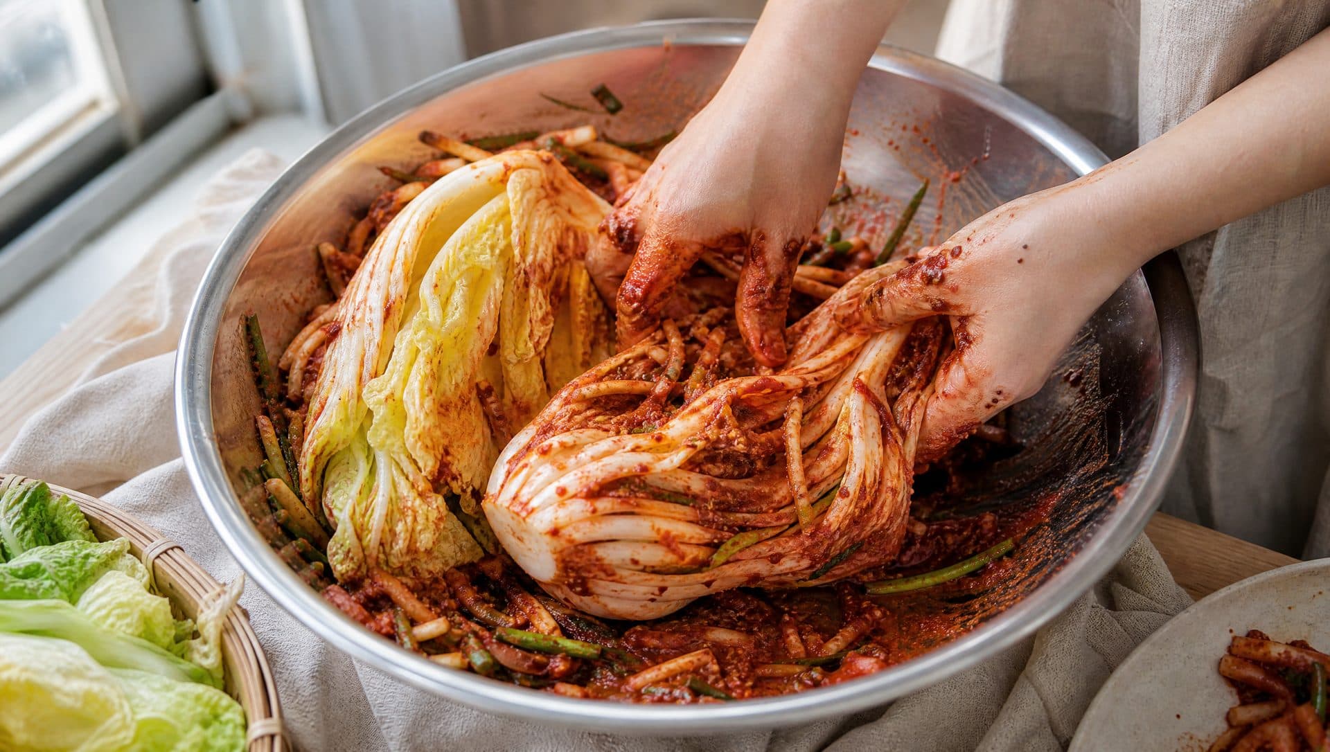 Hands coating quartered napa cabbage leaves with deep red kimchi seasoning paste in a wide basin