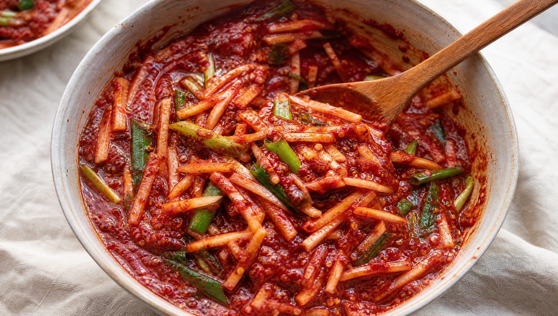 A bowl of deep red kimchi seasoning paste with radish matchsticks and spring onion mixed through