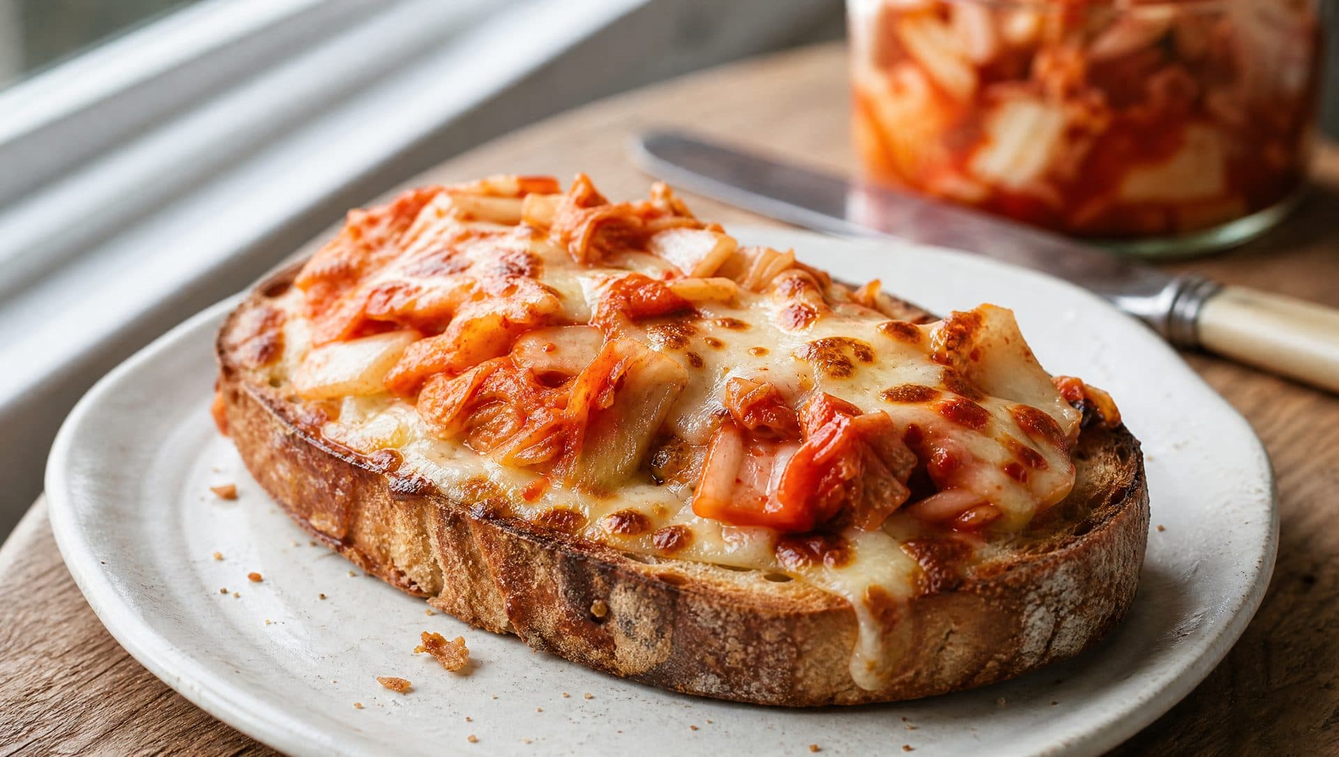 A thick slice of toasted sourdough on a white plate, topped with chopped napa cabbage kimchi under melted, browned cheese, with a jar of kimchi and a butter knife behind it
