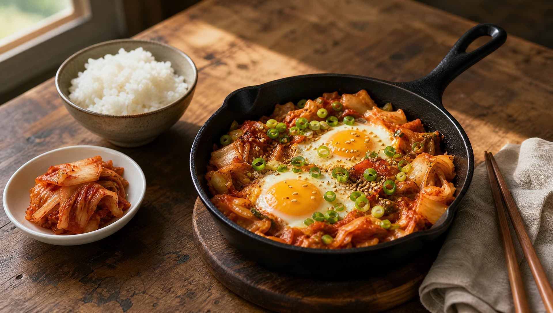 A cast-iron skillet of stir-fried napa cabbage kimchi with two fried eggs set into it, scattered with spring onion and sesame seeds, beside a bowl of steamed rice and a small dish of raw kimchi on a wooden table in morning light
