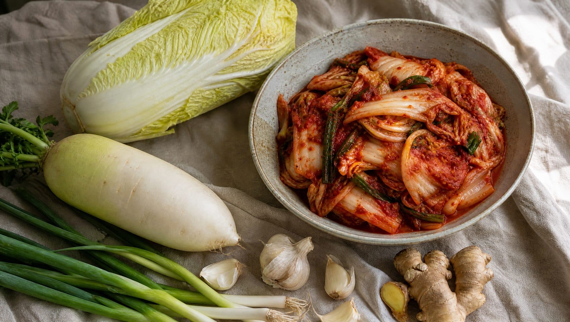 A ceramic bowl of napa cabbage kimchi beside a whole napa cabbage, a Korean radish, scallions, garlic and ginger on a linen cloth