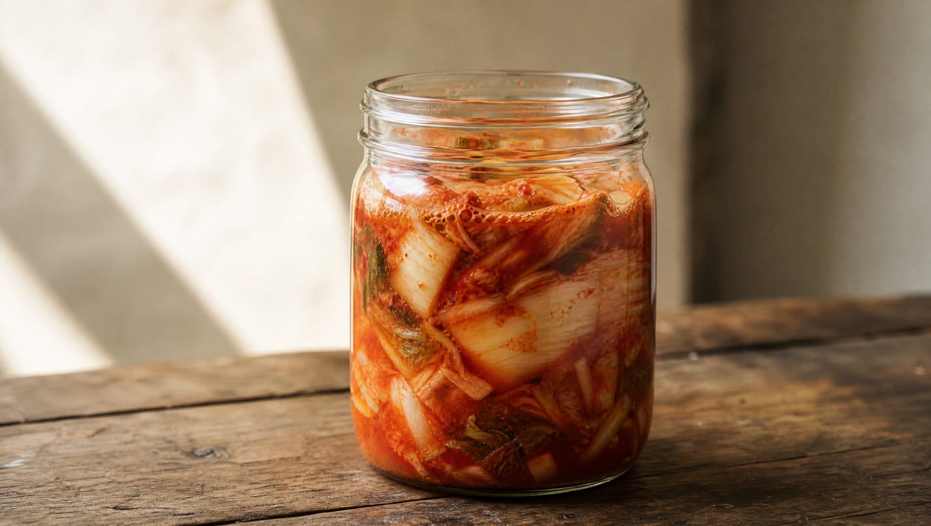 A glass jar of fermenting napa cabbage kimchi on a wooden table, with small bubbles visible in the red brine