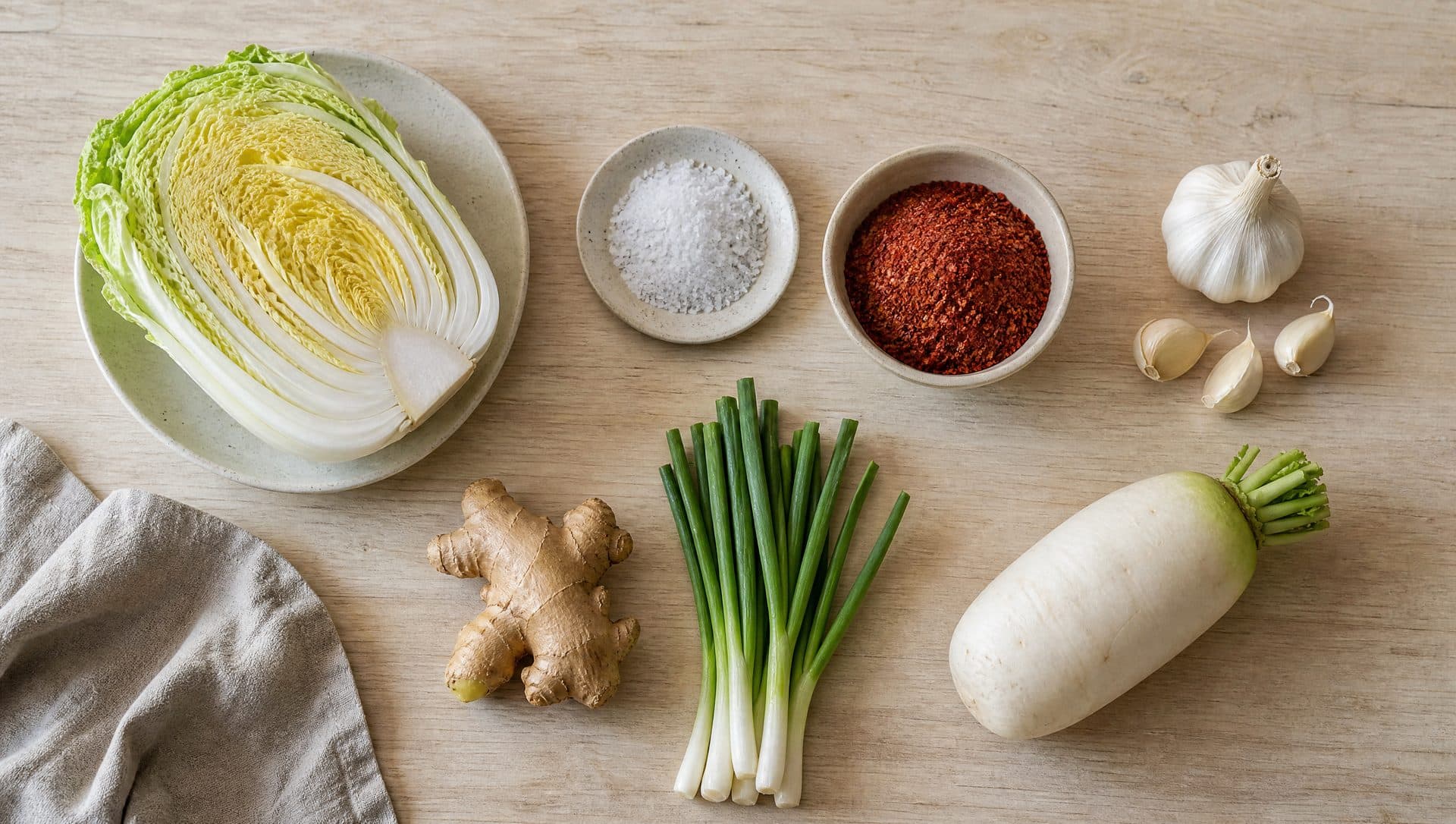 Overhead view of a halved napa cabbage, a dish of coarse sea salt, a bowl of red chilli flakes, garlic, a knob of ginger, a bunch of spring onions and a white Korean radish laid out on a pale wooden table