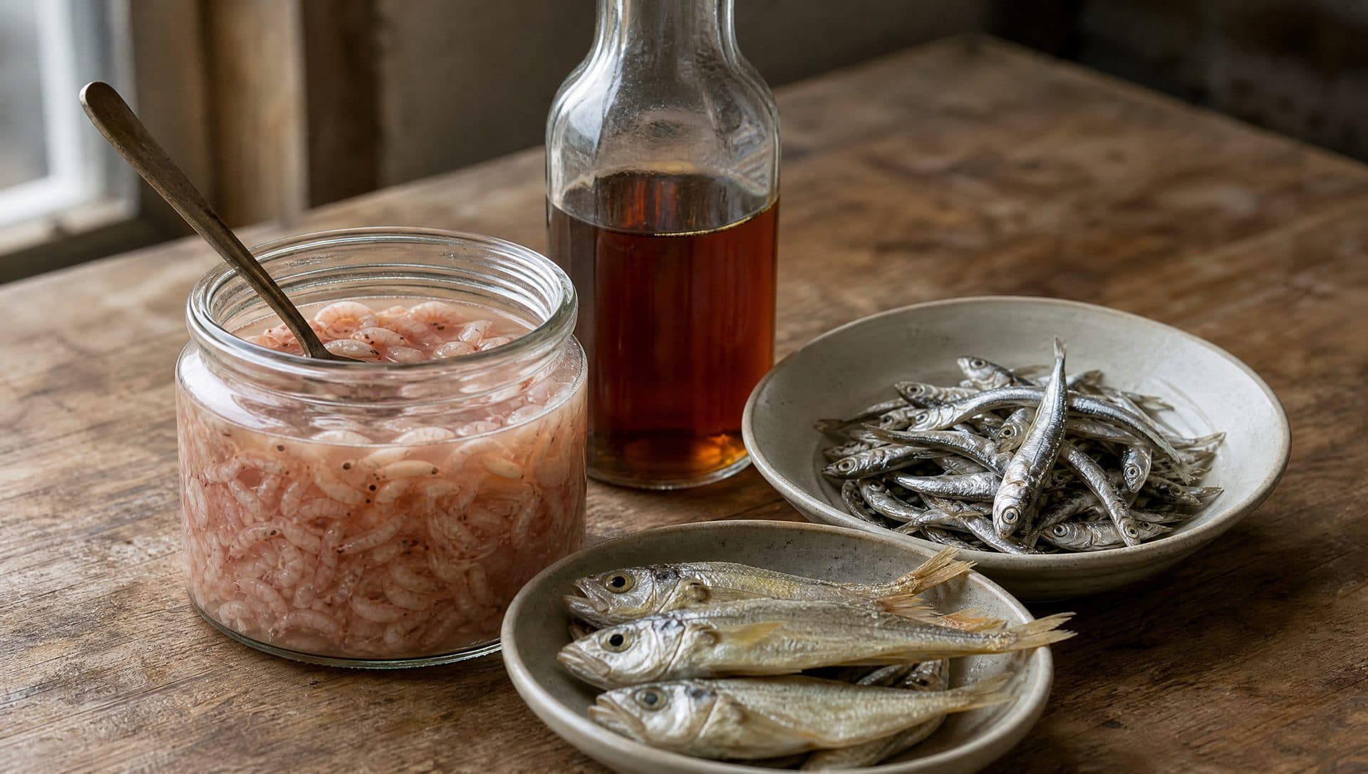 A jar of tiny pink salted shrimp, a bottle of amber anchovy sauce, a dish of salted anchovies and a dish of salted yellow croaker on a wooden table