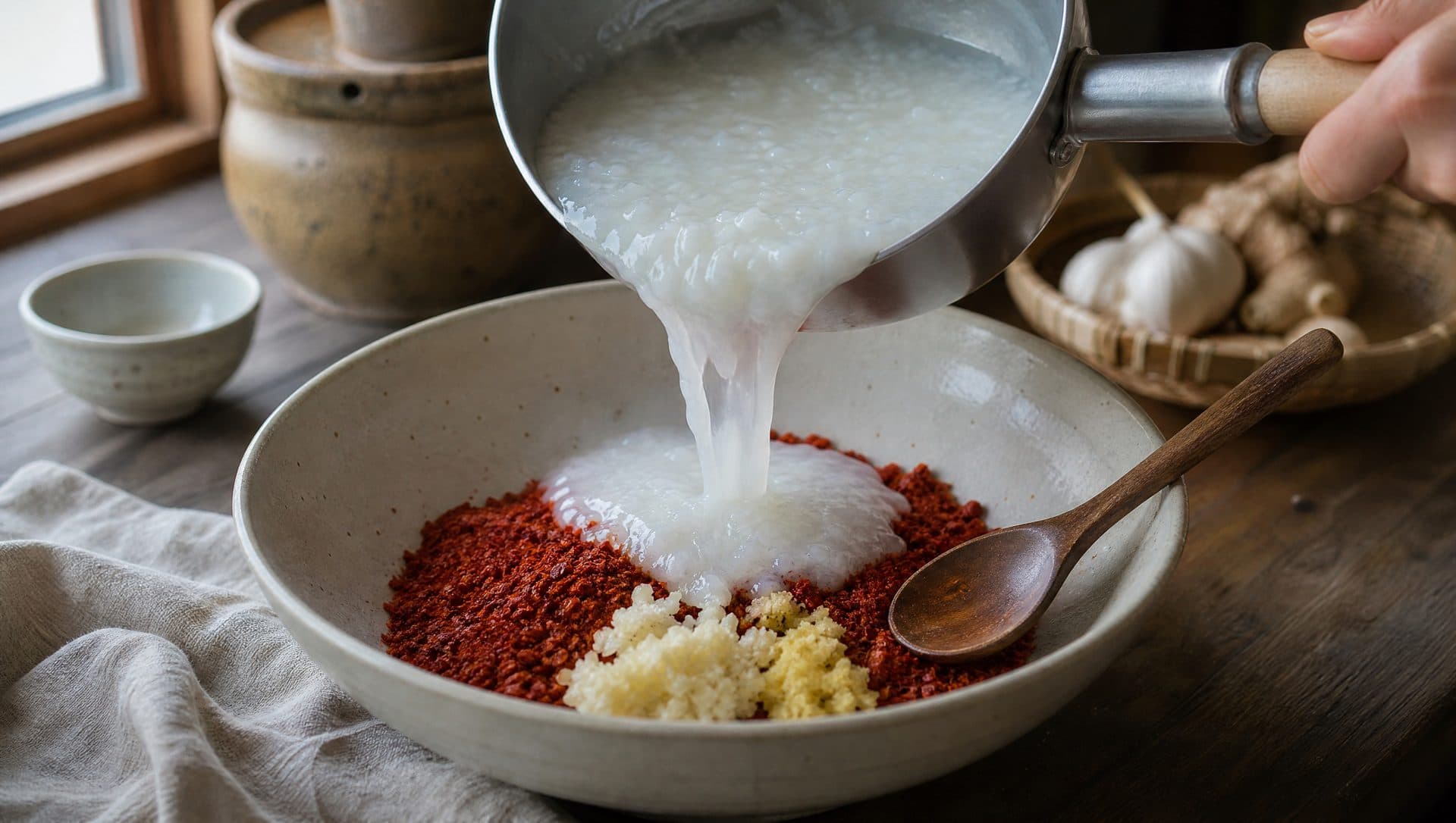 A hand pouring thin white glutinous rice porridge from a small saucepan into a bowl of red chilli flakes, minced garlic and ginger