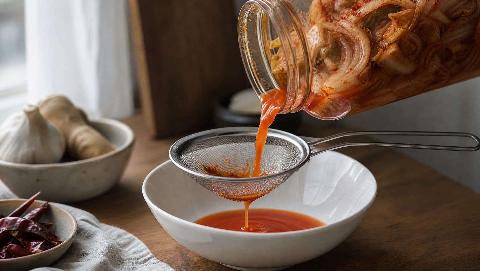 A glass jar of napa cabbage kimchi tilted over a fine-mesh strainer, red brine pouring into a white ceramic bowl on a wooden counter beside garlic, ginger and dried chillies