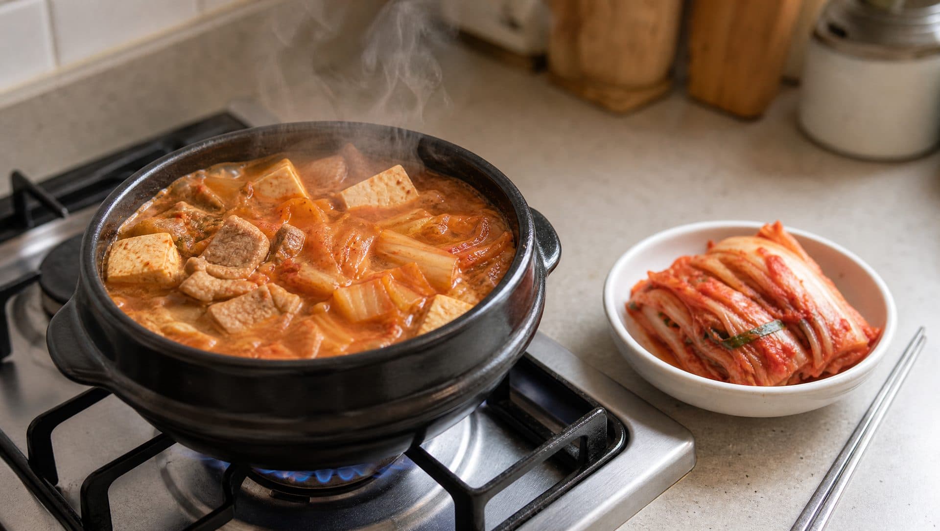 A black earthenware pot of red kimchi stew simmering on a stove beside a small white dish of raw napa cabbage kimchi with metal chopsticks