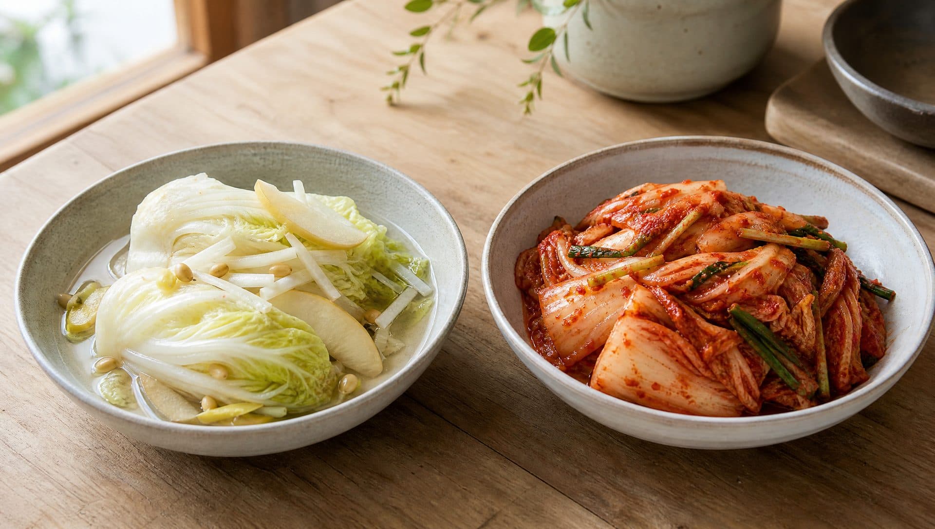 Two ceramic bowls on a wooden table in window light: on the left, pale baek kimchi of napa cabbage, radish matchsticks, pear slices and pine nuts in clear brine with no chilli; on the right, red napa cabbage kimchi coated in chilli paste with spring onion