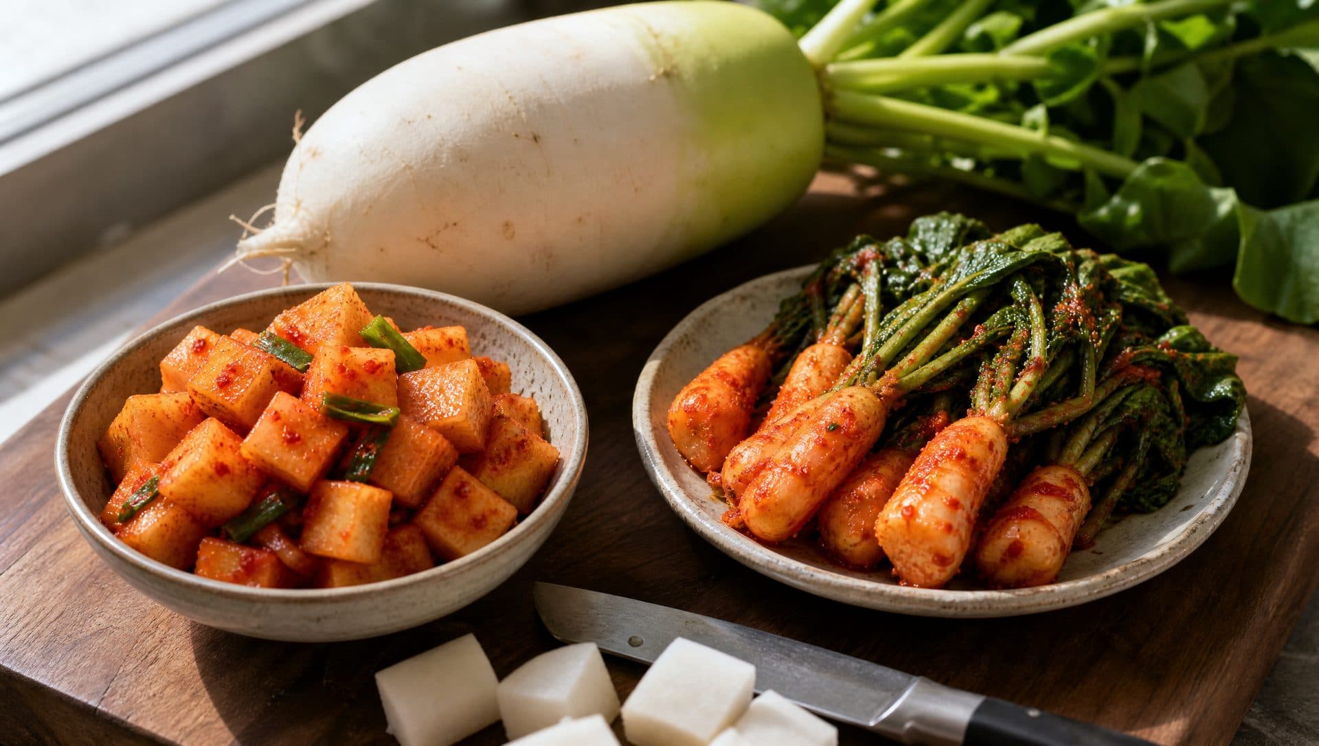 On a dark walnut cutting board, a whole white Korean radish with its leafy top behind a ceramic bowl of kkakdugi cubes in red chilli seasoning and a plate of chonggak kimchi, small whole radishes with long green tops coated in red seasoning, with a knife and raw radish cubes