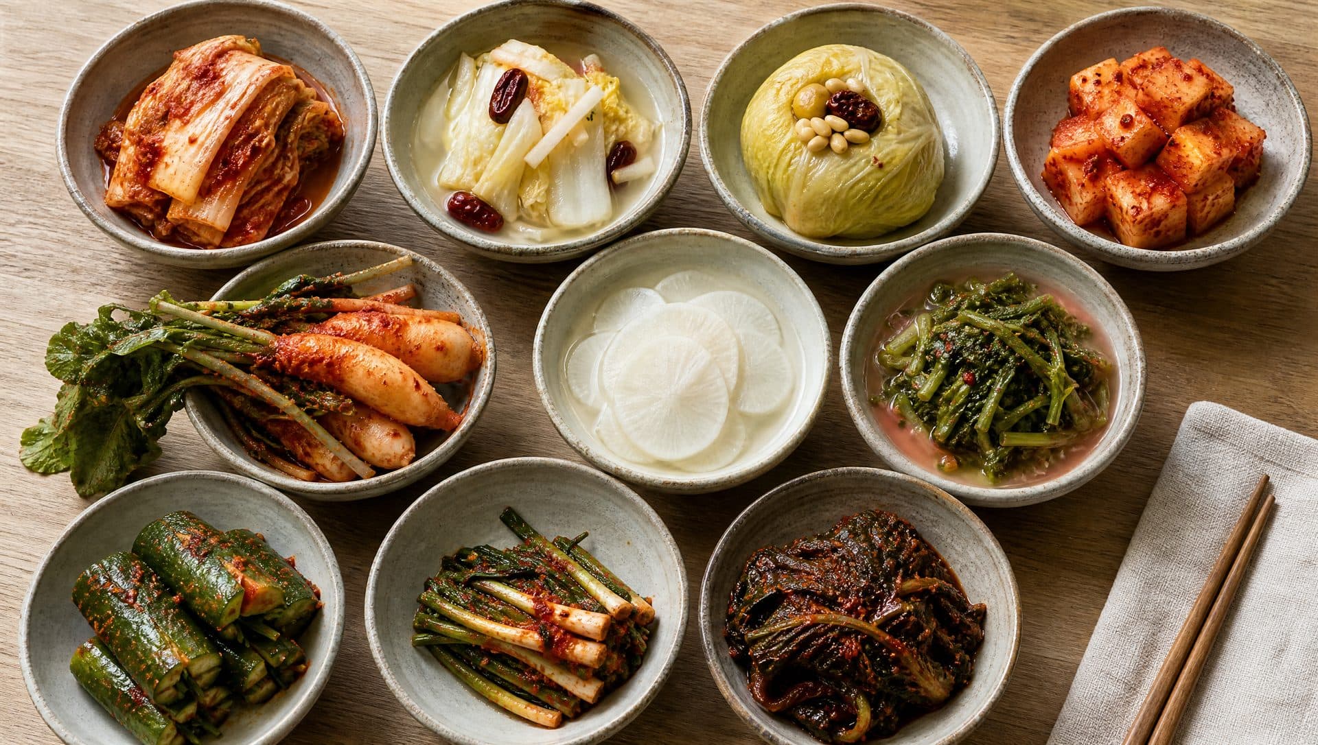 Overhead view of ten small ceramic bowls of different kimchi on a pale oak table, including red napa cabbage kimchi, pale white kimchi with pear, cubed radish, whole small radishes with green tops, radish in clear brine, stuffed cucumbers, folded scallions and dark mustard leaves