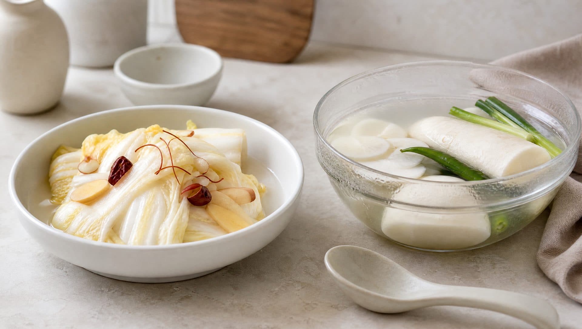 On a pale stone counter, a white bowl of baek kimchi with pale napa cabbage, slivers of pear, chestnut and jujube and a few threads of dried red chilli, beside a glass bowl of dongchimi with whole and sliced white radish, spring onion and a green chilli in clear cold brine