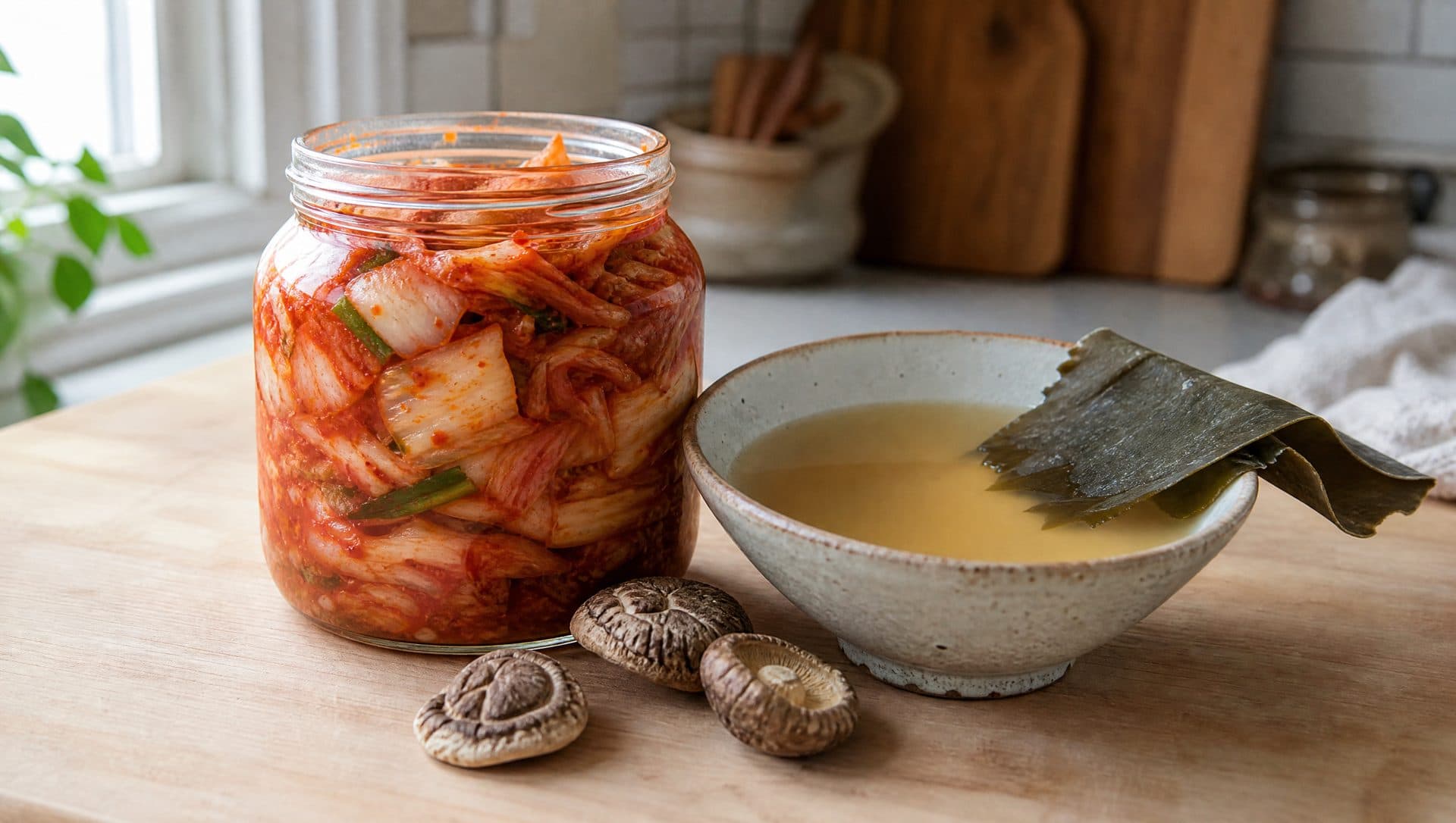 A glass jar of red napa cabbage kimchi on a wooden counter beside a bowl of pale golden kelp stock with a sheet of dried kelp resting on the rim and a few dried shiitake mushrooms