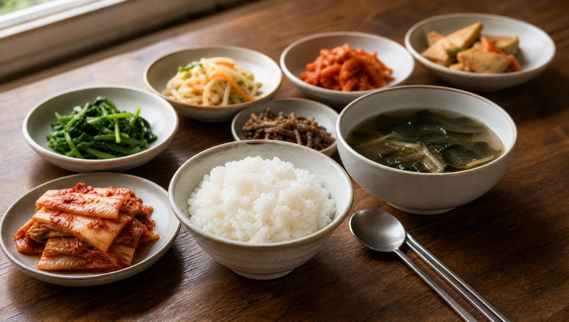 A Korean meal of rice, soup and several small side dishes including a plate of red napa cabbage kimchi