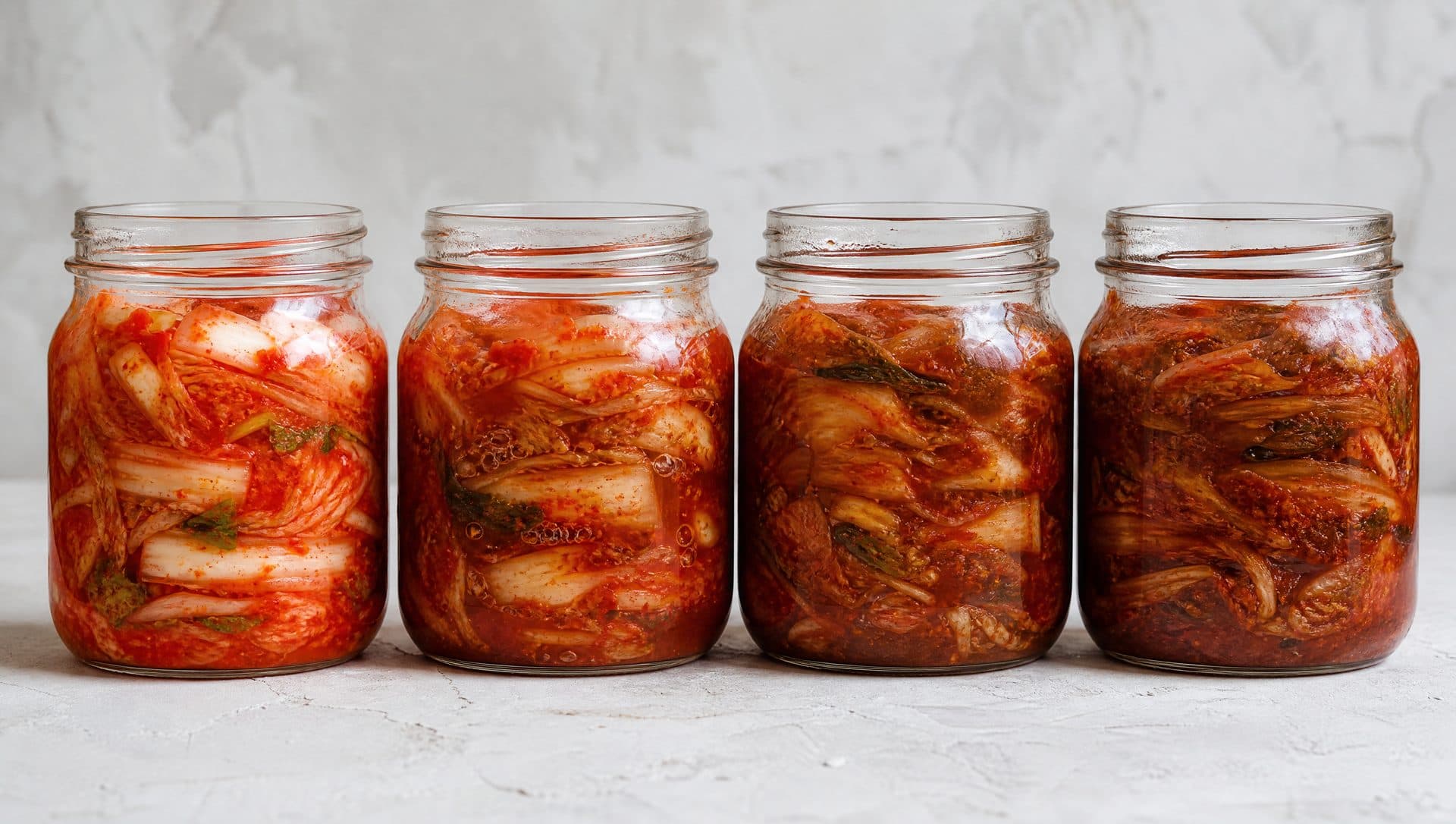 Four glass jars of kimchi in a row showing colour progressing from bright fresh scarlet to dark brick red