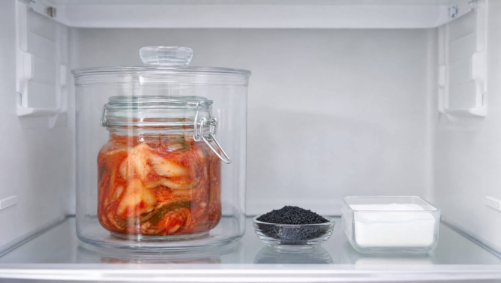 A sealed jar of kimchi inside a larger clear container on a refrigerator shelf, next to a small dish of activated charcoal granules and an open box of white powder