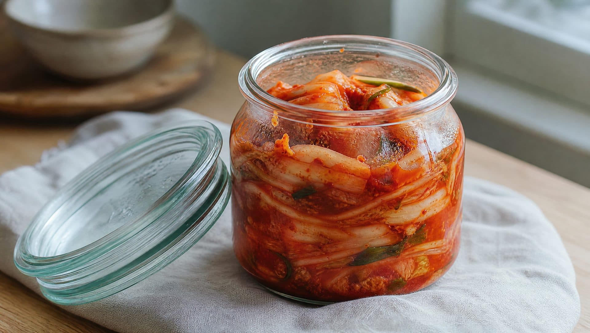 A glass jar of napa cabbage kimchi with the lid lifted off and resting beside it, deep red brine and glossy leaves visible in natural light