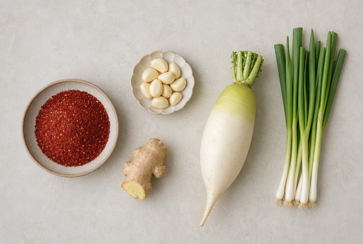 Gochugaru, garlic, ginger, Korean radish and scallions laid out on a pale surface
