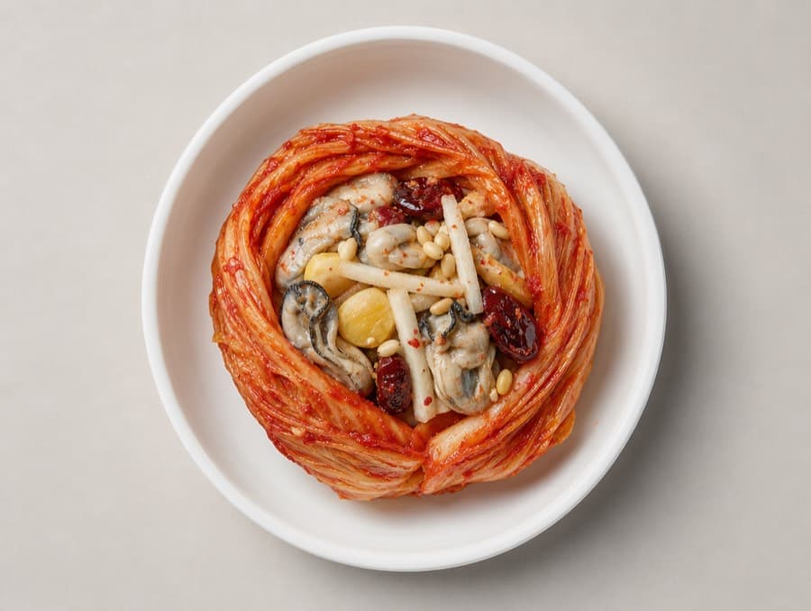 Bossam kimchi: a cabbage-leaf parcel filled with oyster, pear and jujube