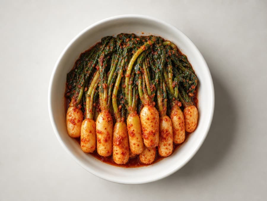 Chonggak kimchi: whole ponytail radishes with greens attached