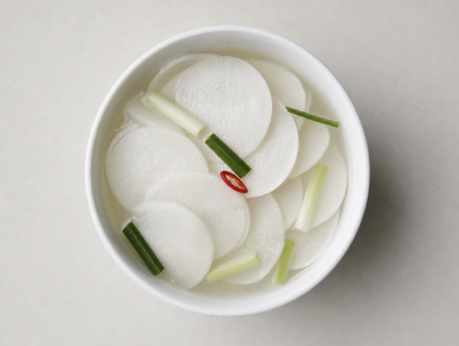Dongchimi: radish slices in a clear cold brine