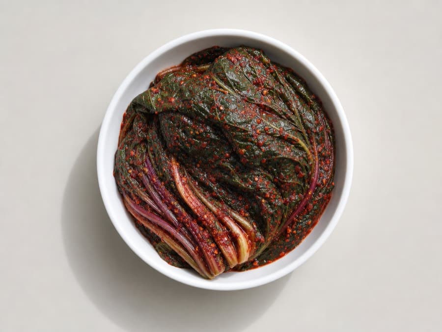 Gat kimchi: mustard leaves coated in deep red seasoning