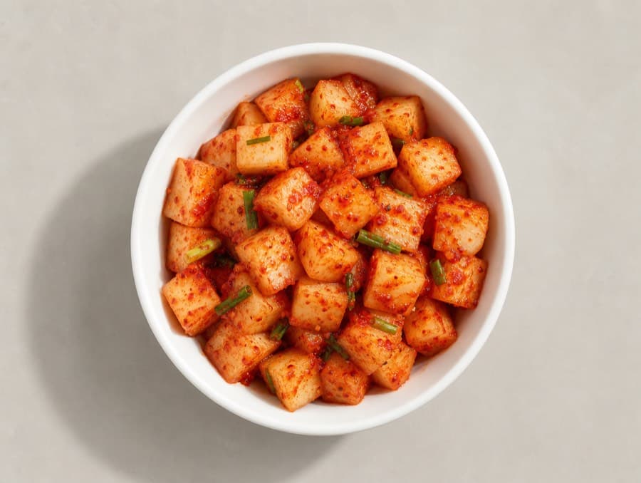 Kkakdugi: cubed Korean radish in red seasoning