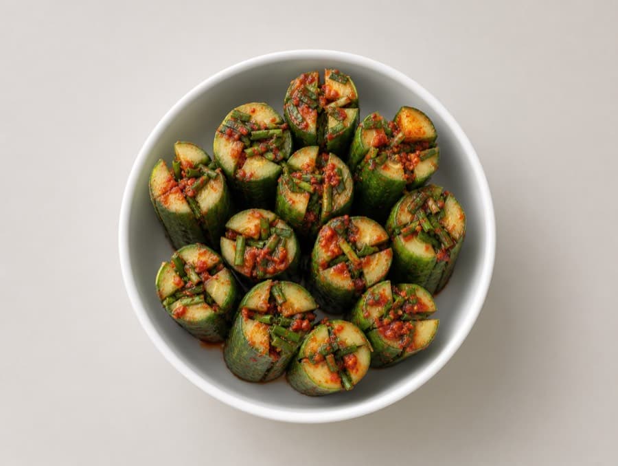 Oi-sobagi: cucumber cut into a cross and stuffed with chive filling