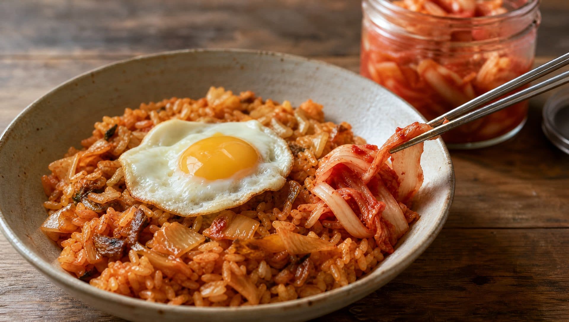 A ceramic bowl of kimchi fried rice with browned pieces of cooked kimchi and a fried egg, as metal chopsticks lay crisp raw napa cabbage kimchi on the edge of the rice, with an open glass jar of raw kimchi behind