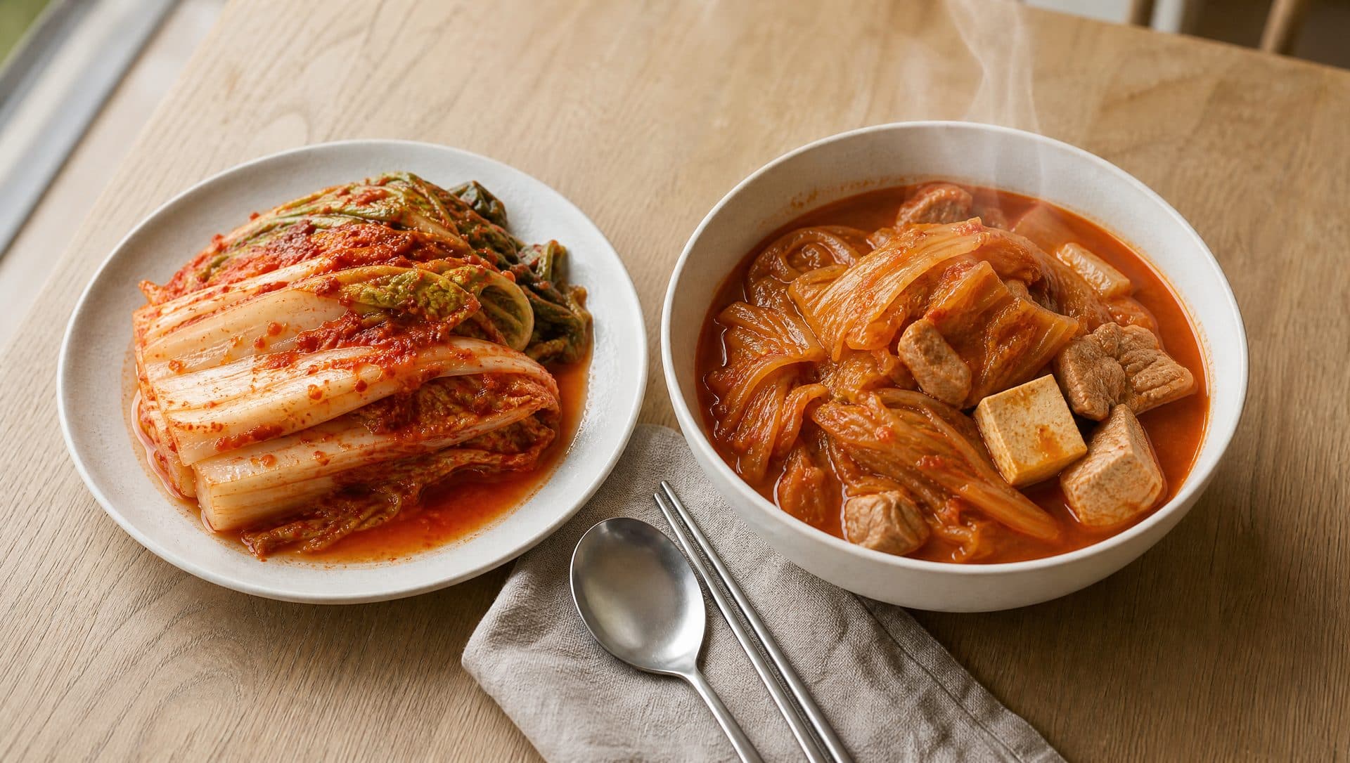 On a pale oak table, a white plate of raw napa cabbage kimchi with crisp, glossy ribs in red chilli paste beside a white bowl of kimchi stew with soft, translucent cabbage, tofu and pork in red broth, with a spoon and chopsticks on a linen napkin between them