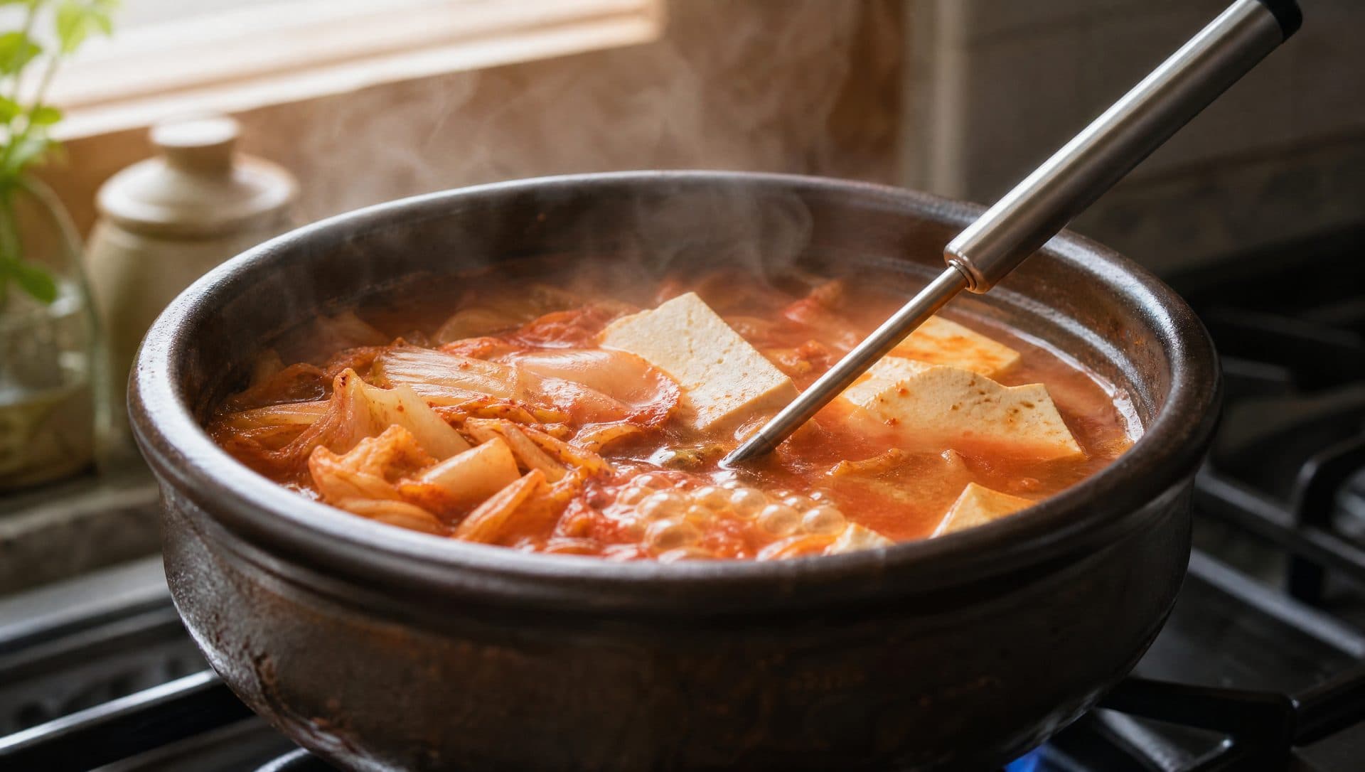 A dark earthenware pot of kimchi stew simmering on a gas hob, with bubbles breaking the red broth around soft cabbage and tofu and a stainless steel probe thermometer pushed into the liquid