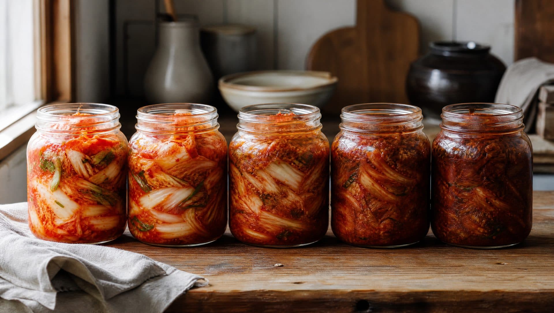 A row of glass jars of napa cabbage kimchi on a wooden counter, colours deepening from bright red to dark brick as they age