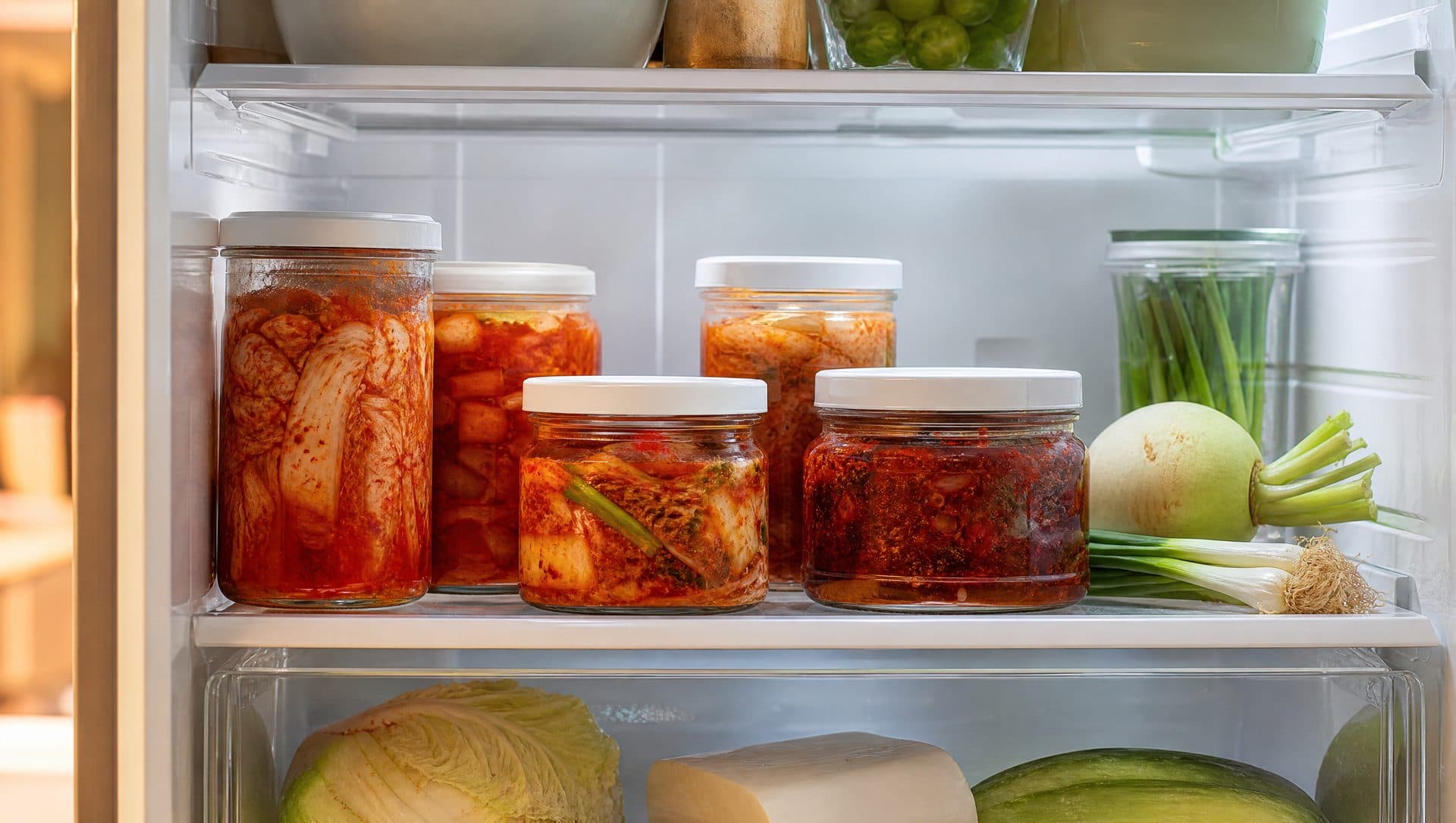 An open refrigerator shelf holding several glass containers of kimchi at different stages of colour, from bright red to deep brick