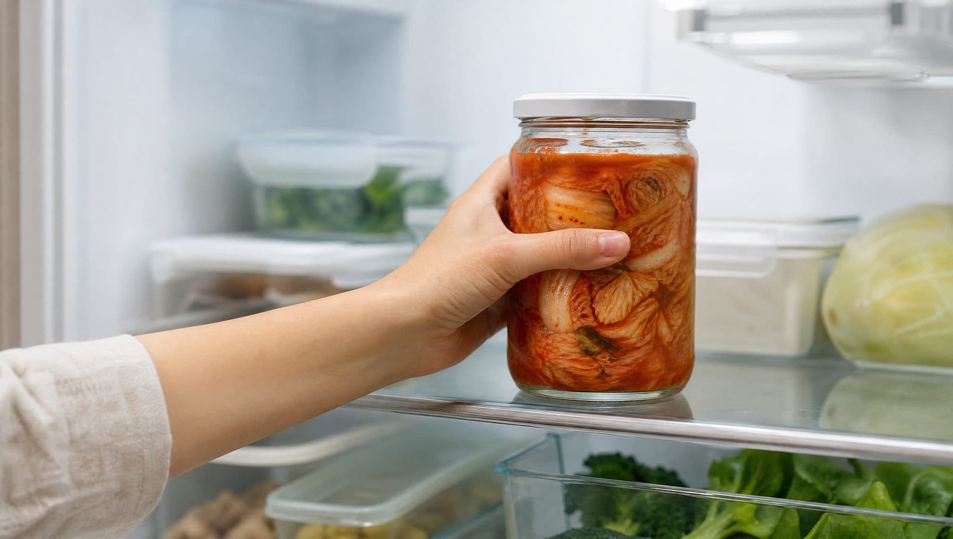 A hand placing a lidded glass jar of red napa cabbage kimchi, brine risen around the leaves, onto a glass refrigerator shelf
