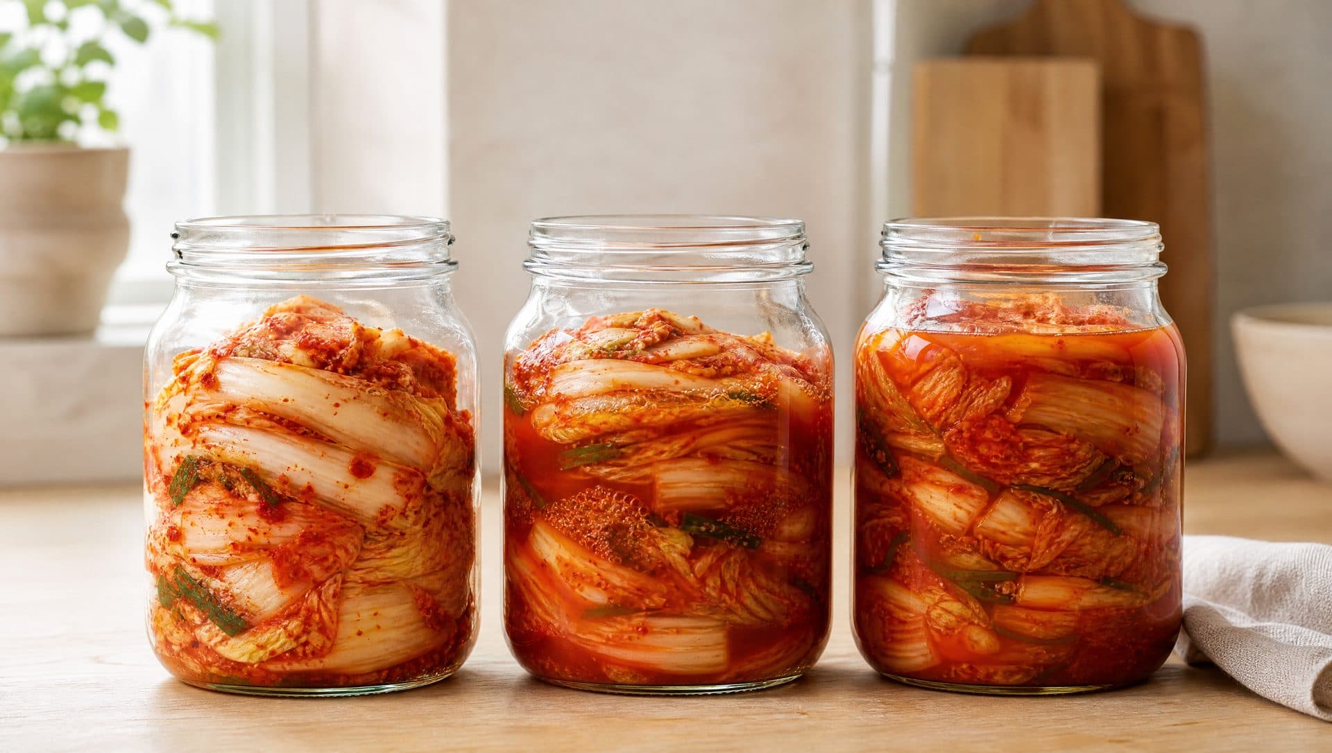 Three glass jars of napa cabbage kimchi in a row on a wooden kitchen counter in morning light: a freshly packed jar with bright red paste and little brine, a second with red brine risen around the leaves, and a third, deeper red, with brine near the top