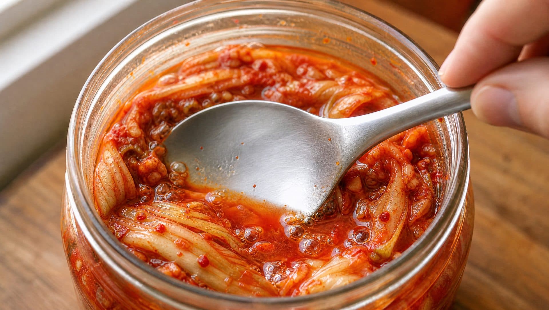 A metal spoon pressed into red napa cabbage kimchi in an open glass jar, with small bubbles rising through the brine around it