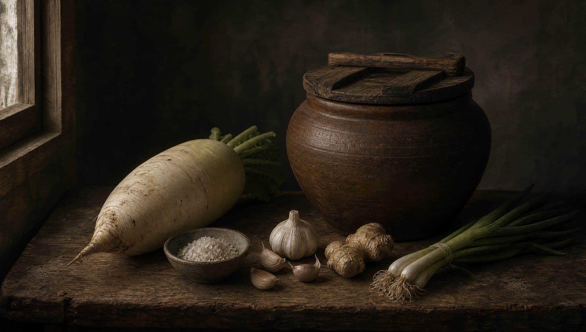 A still life of a Korean radish, a bowl of coarse salt, garlic, ginger, scallions and a lidded earthenware crock on a dark wooden table