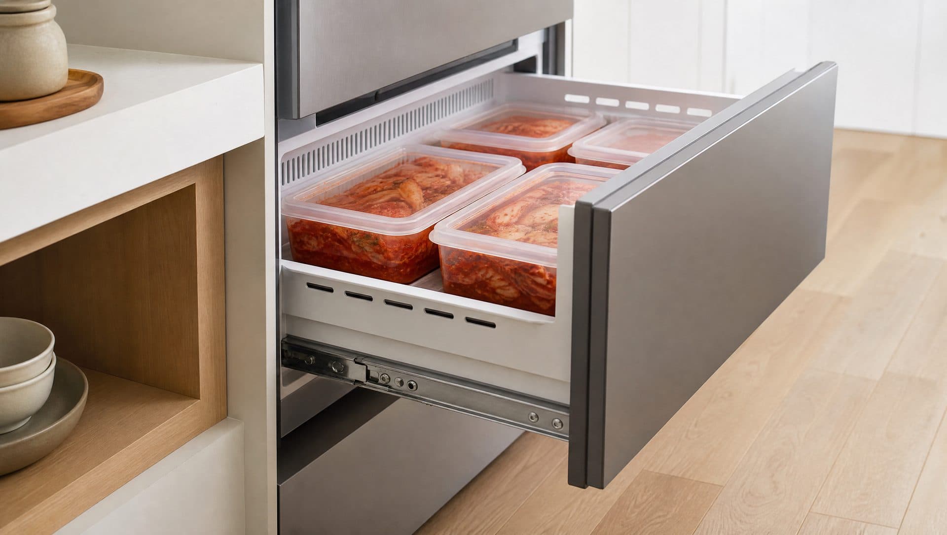 An open kimchi refrigerator drawer holding several rectangular containers of red kimchi in a modern kitchen