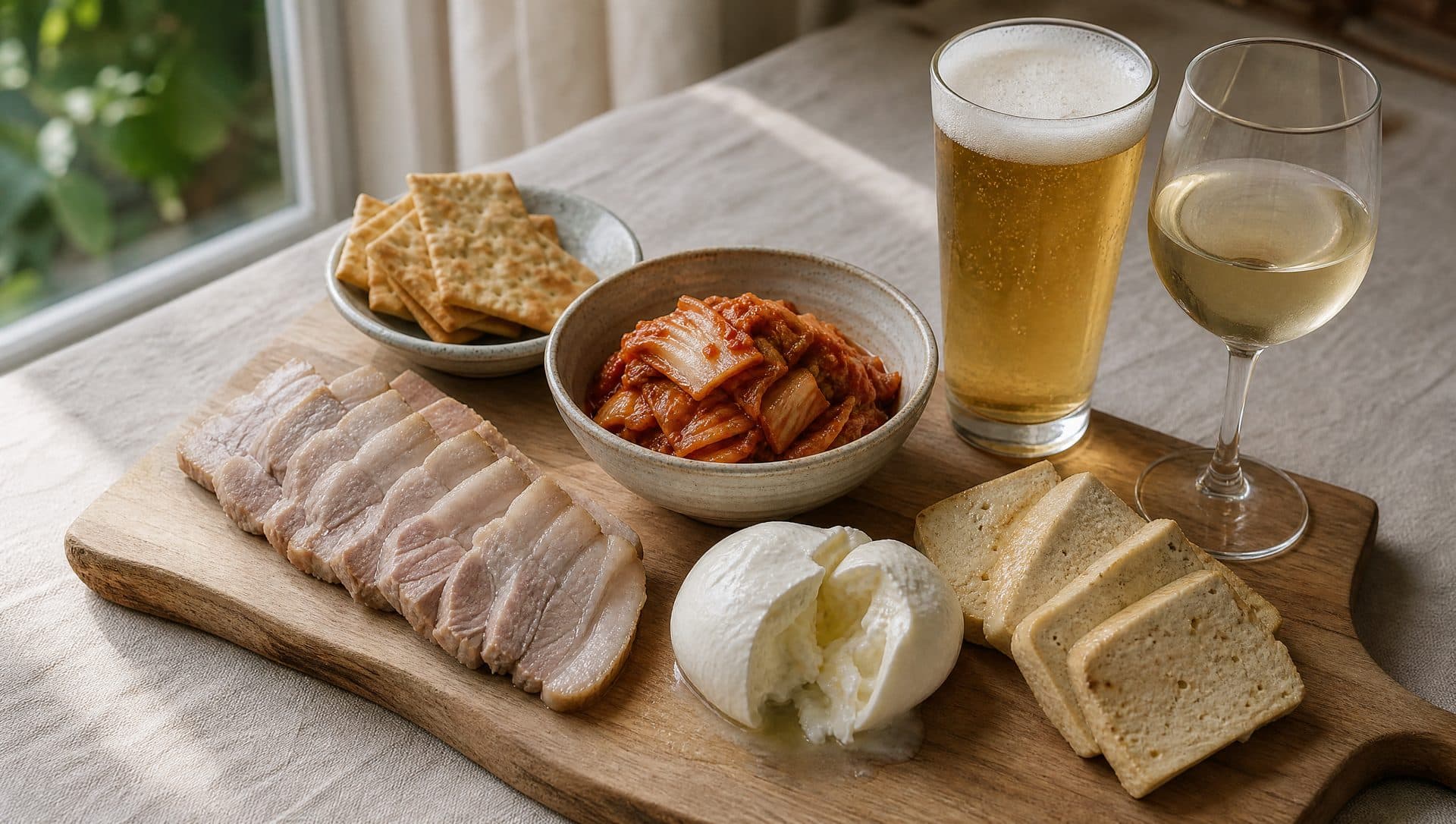 A wooden board on a linen-covered table with sliced boiled pork belly, a bowl of red napa cabbage kimchi, a torn ball of fresh mozzarella, pale slices of tofu, a dish of crackers, a glass of lager and a glass of white wine