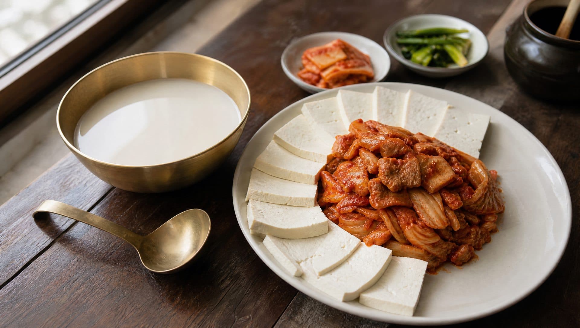A shallow brass bowl of milky white makgeolli beside a plate of red stir-fried kimchi with pork and slices of warm white tofu on a dark wooden table