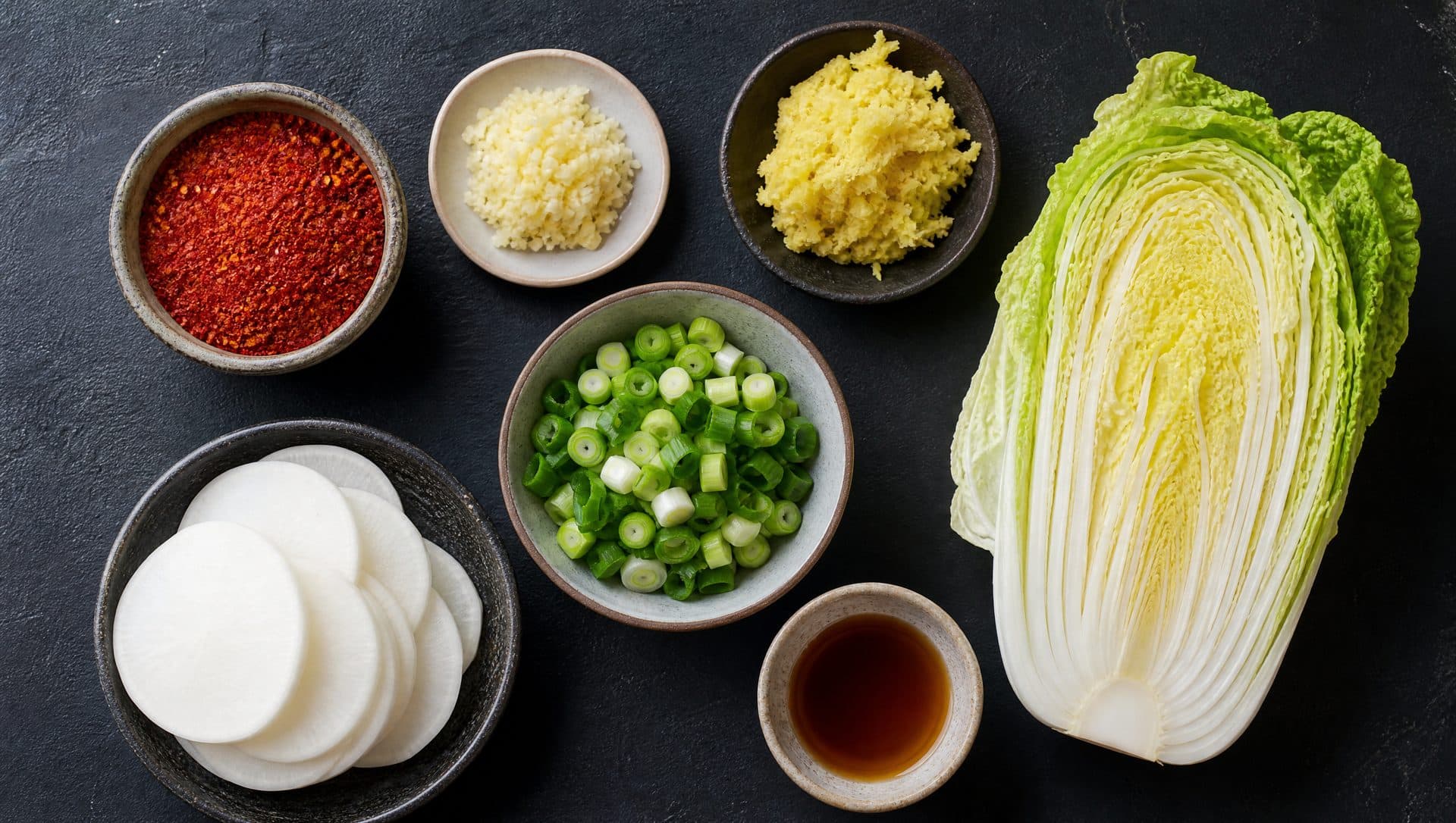 Flat lay of kimchi ingredients: gochugaru, garlic, ginger, scallions, radish, fish sauce and napa cabbage