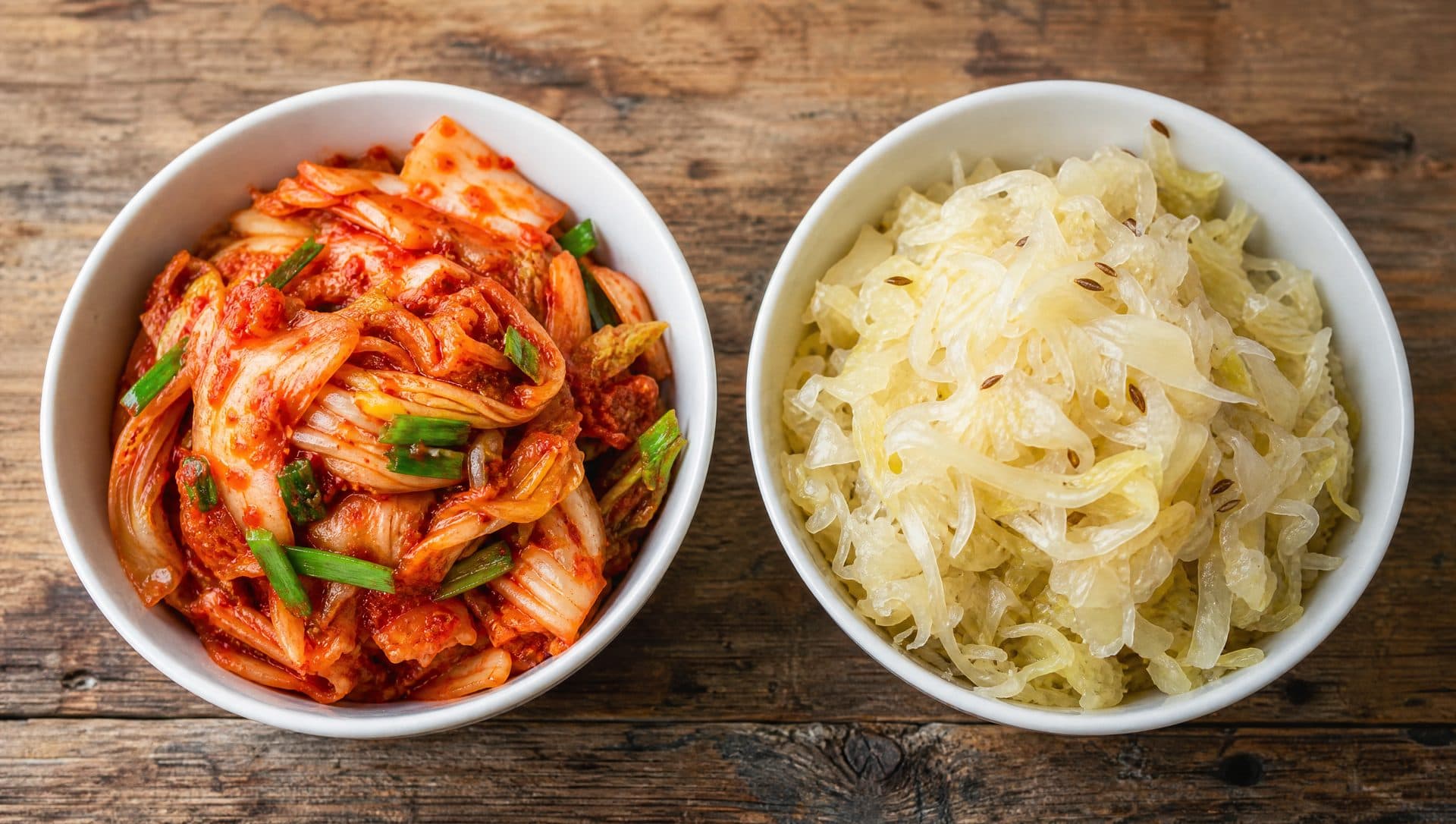 Bowl of red napa cabbage kimchi beside a bowl of pale sauerkraut on a wooden table