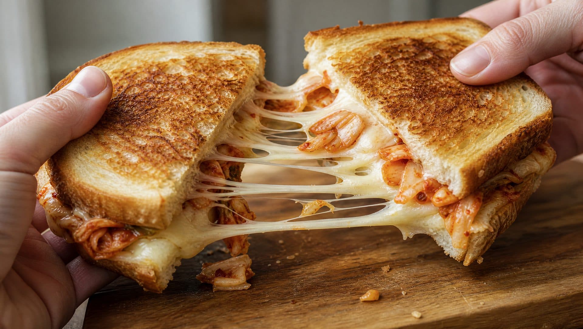 A kimchi grilled cheese sandwich being pulled apart over a wooden board, golden toasted bread with stretching melted mozzarella and chopped red kimchi inside