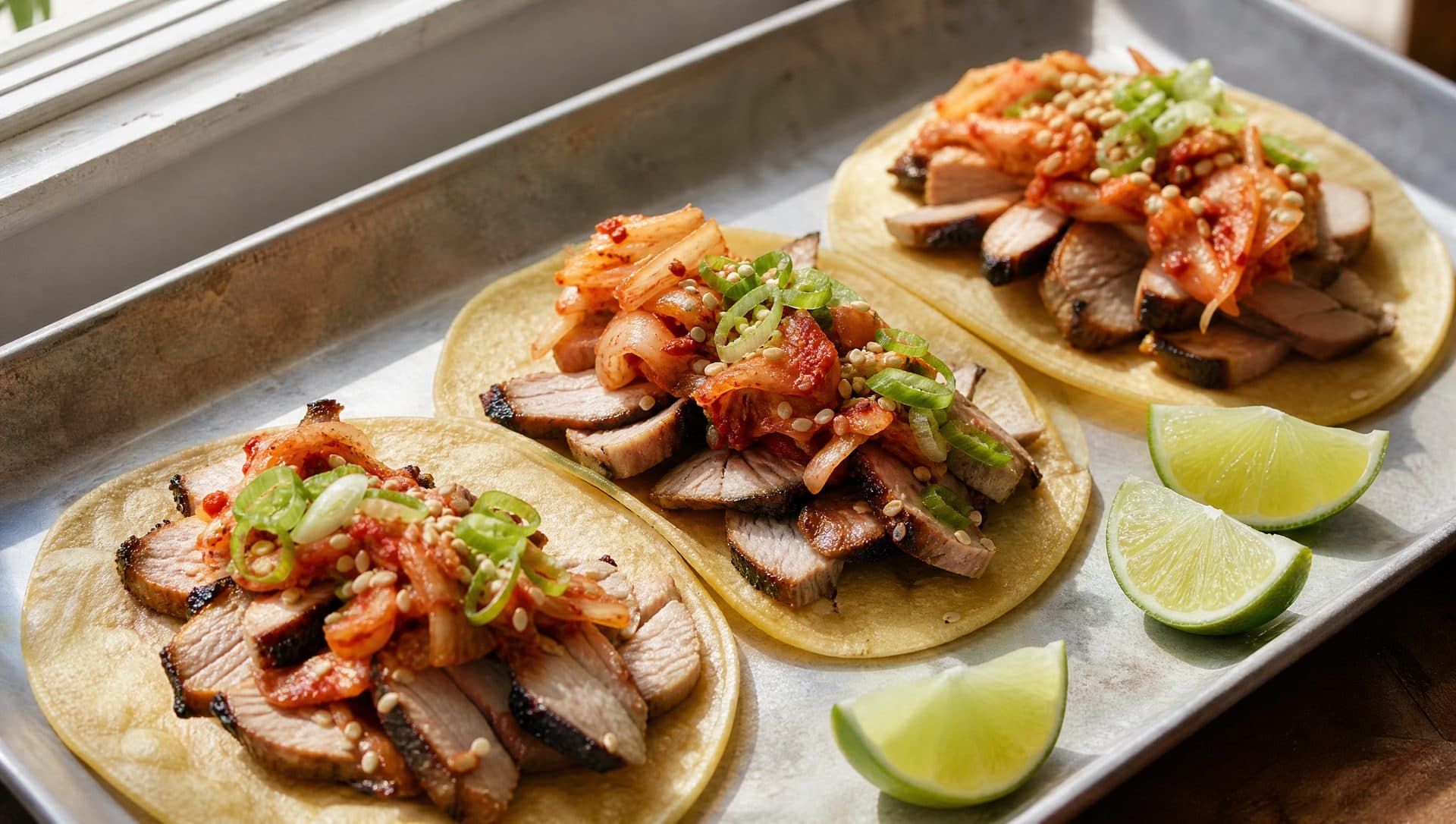 Three soft corn tortillas filled with grilled sliced pork and topped with chopped red kimchi, sesame seeds and lime wedges on a metal tray