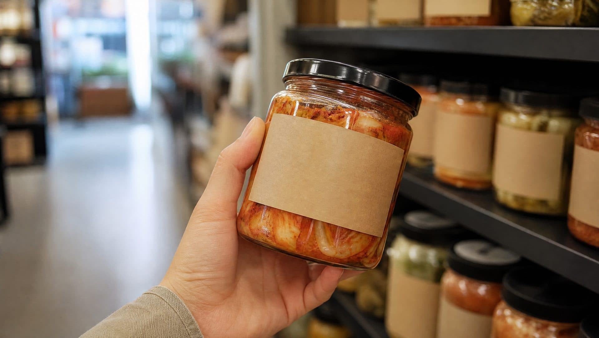 A hand holding a glass jar of red cabbage kimchi with a plain unmarked kraft label in a shop aisle, other jars blurred on the shelves behind