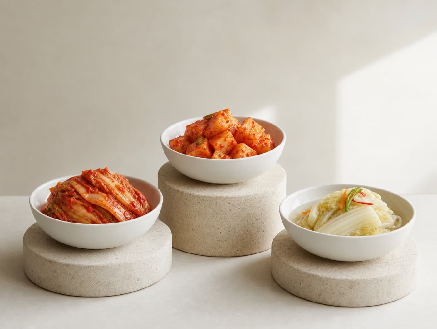 Three white bowls on stone pedestals holding baechu kimchi, kkakdugi and white kimchi