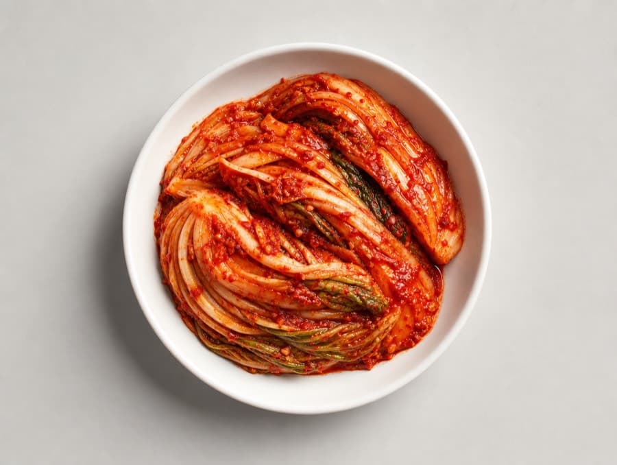 Baechu kimchi: quartered napa cabbage in red seasoning